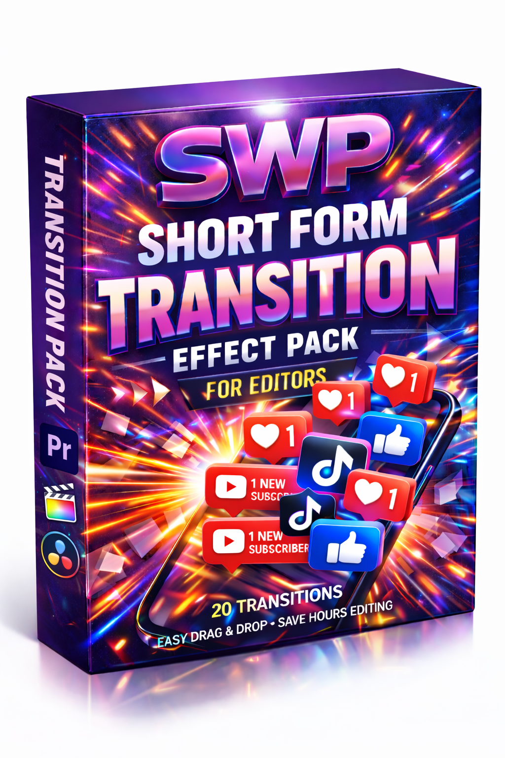 20 dynamic video transitions for Video Editors. Optimized for TikTok, Reels, and Shorts featuring zooms, bounce effects, and other distortions.