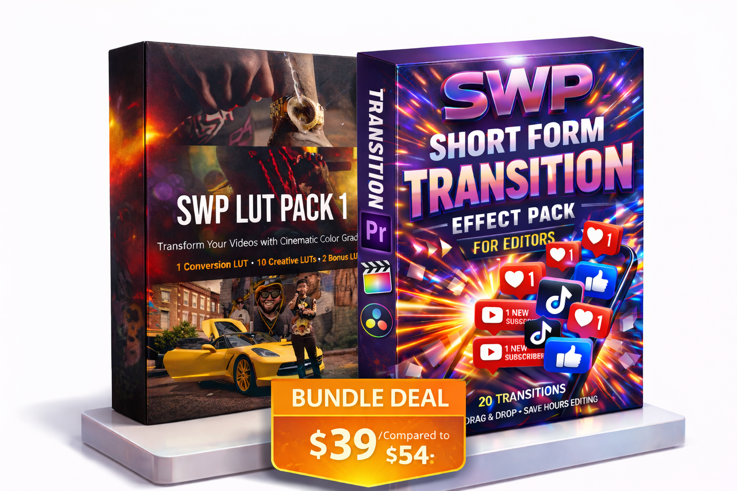 Complete Video Editor's bundle for all softwares that work with .Cube files. Featuring a collection of cinematic LUTs, and transition effects.